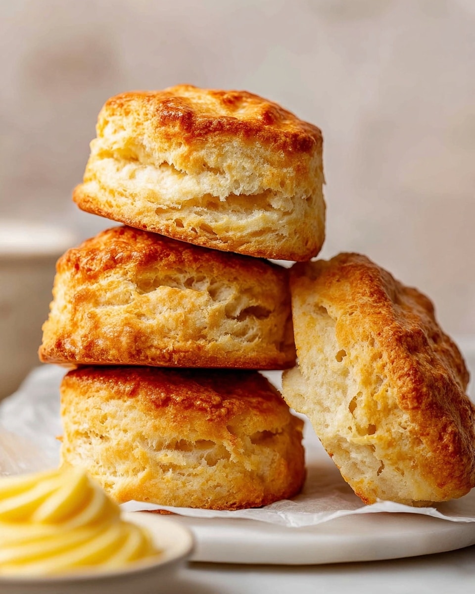 The image shows a stack of four golden-brown biscuits with a slightly crispy and textured top layer, and a soft, fluffy interior visible on the sides. The biscuits have a warm, light beige color inside with a rich, deeper golden crust on the edges and top. The stack leans slightly to one side, placed on white parchment paper on a white marbled surface. In the background, there is a small white dish with swirled yellow butter, softly blurred to keep the focus on the biscuits. Photo taken with an iphone --ar 4:5 --v 7