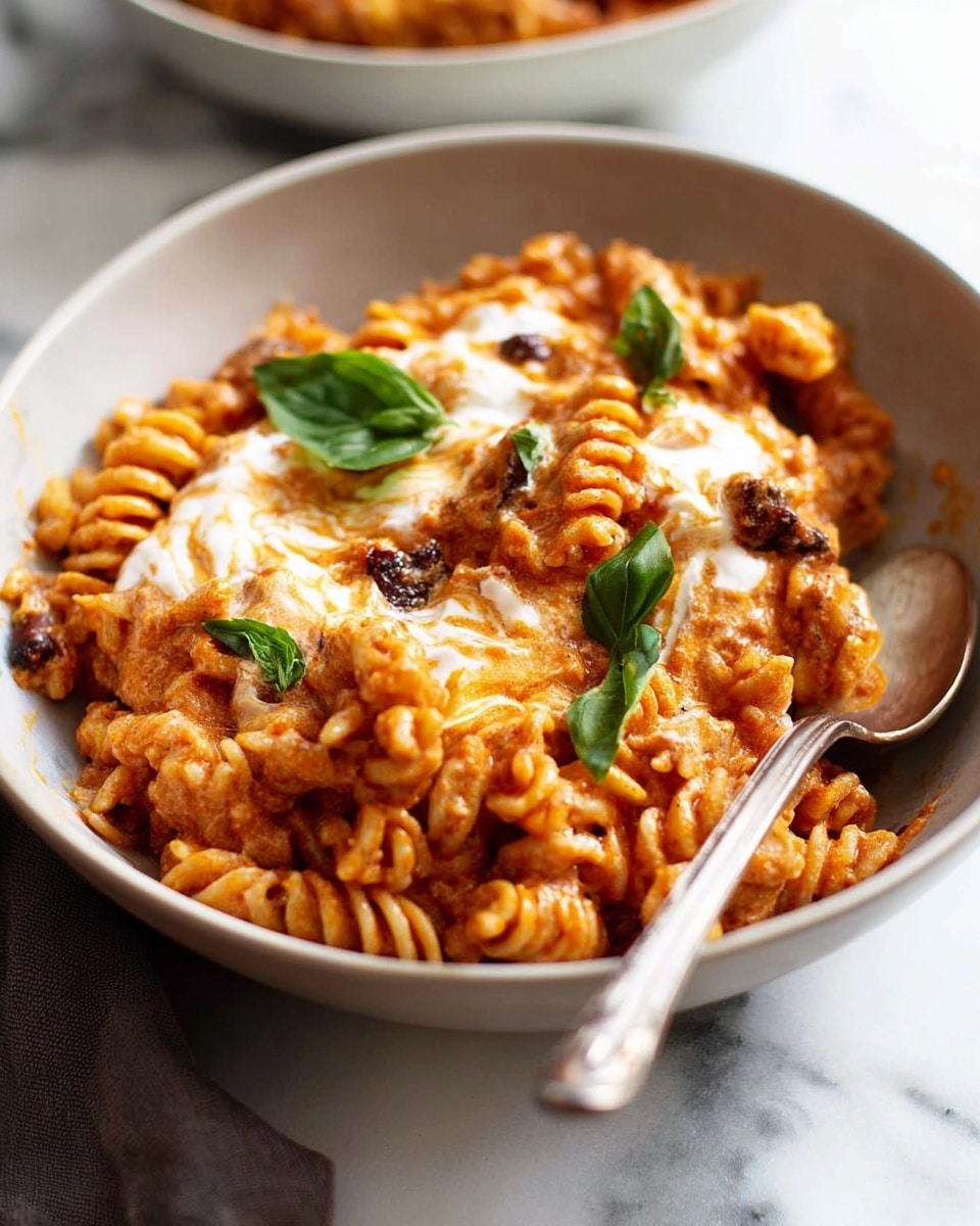 A close-up of a bowl filled with rotini pasta mixed in a rich red tomato sauce with pieces of green herbs scattered throughout. The pasta is topped with dollops of white creamy cheese melting slightly over the warm noodles. The bowl is white and sits on a white marbled textured surface. A silver spoon is partly visible inside the bowl, resting among the pasta. photo taken with an iphone --ar 4:5 --v 7