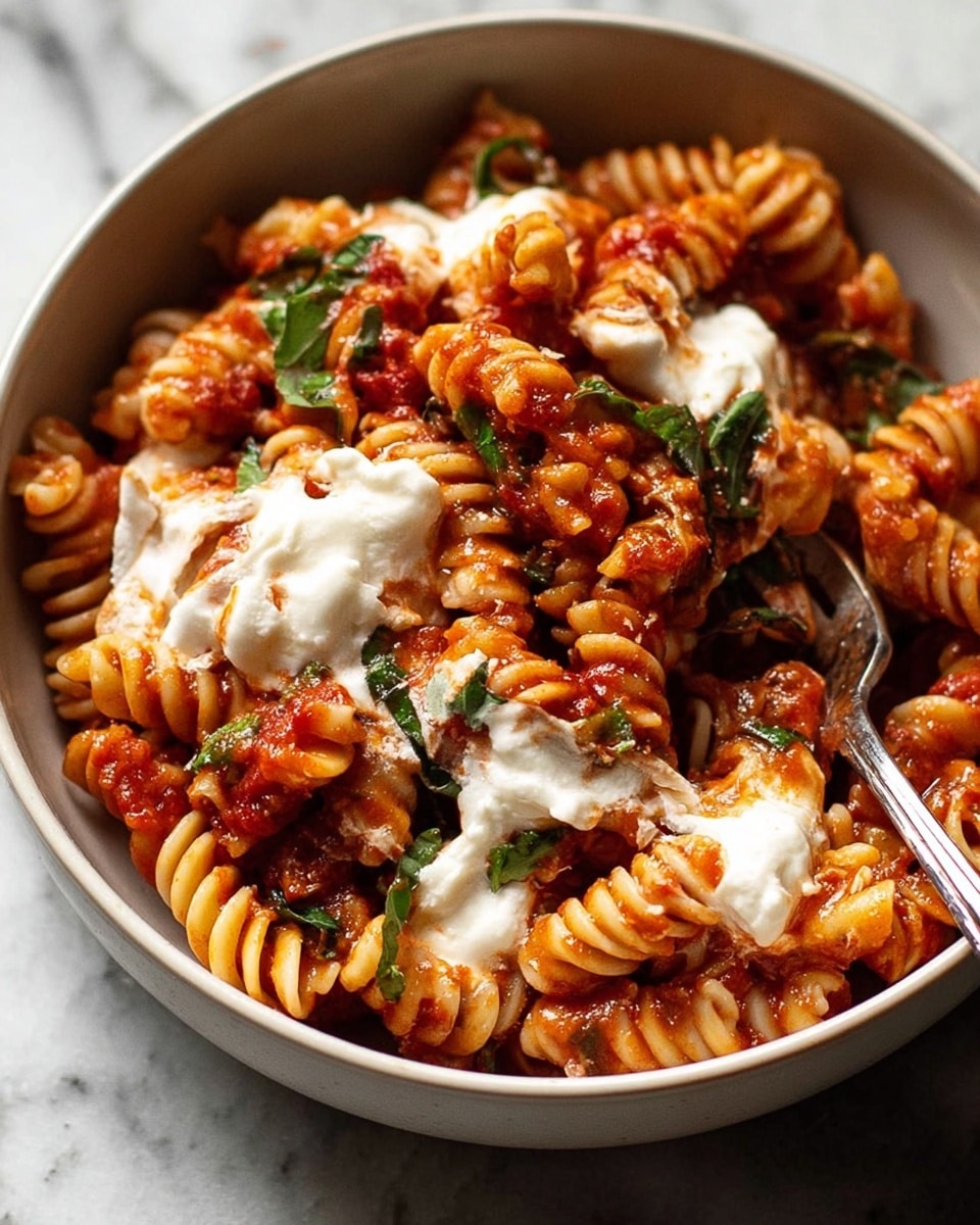 This image shows a dish with two main layers. The bottom layer is made of spiraled pasta coated in a bright red tomato sauce, giving it a rich and slightly chunky texture. On top of this, a white creamy sauce is spread unevenly, creating a smooth contrast against the pasta and sauce below. Scattered over the top are dark, wrinkled pieces that look like sun-dried tomatoes, along with fresh green basil leaves that add a pop of vibrant color. The dish is photographed up close on a white marbled surface, and a large bunch of fresh basil leaves is blurred in the background. photo taken with an iphone --ar 4:5 --v 7