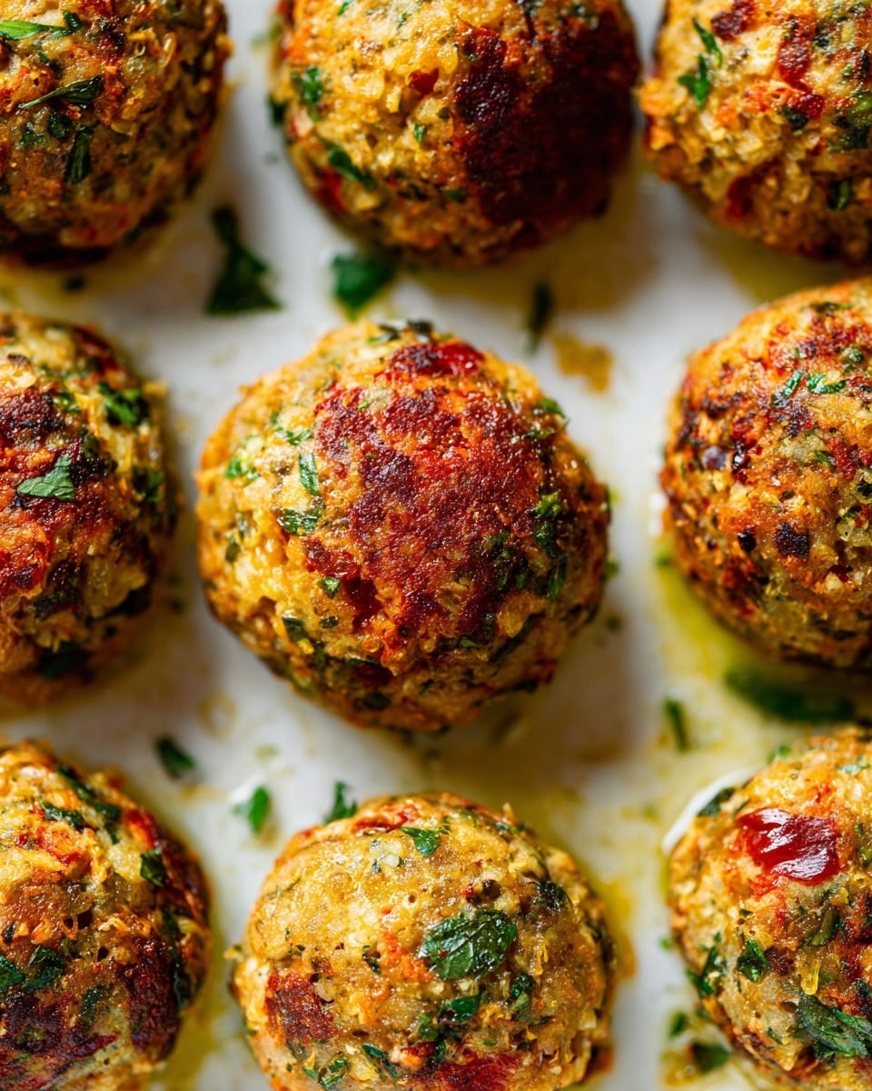 The image shows a white bowl filled with golden brown meatballs that have green herb bits mixed inside, giving them a speckled appearance. The meatballs are round and have a slightly crispy, textured outside with some reddish-brown spots from cooking. The bowl is placed on a white marbled surface, and in the background, there is a small white bowl with a rich red sauce that has a thick and slightly chunky texture. A beige cloth with a dark stripe is seen at the bottom left corner of the image. photo taken with an iphone --ar 4:5 --v 7