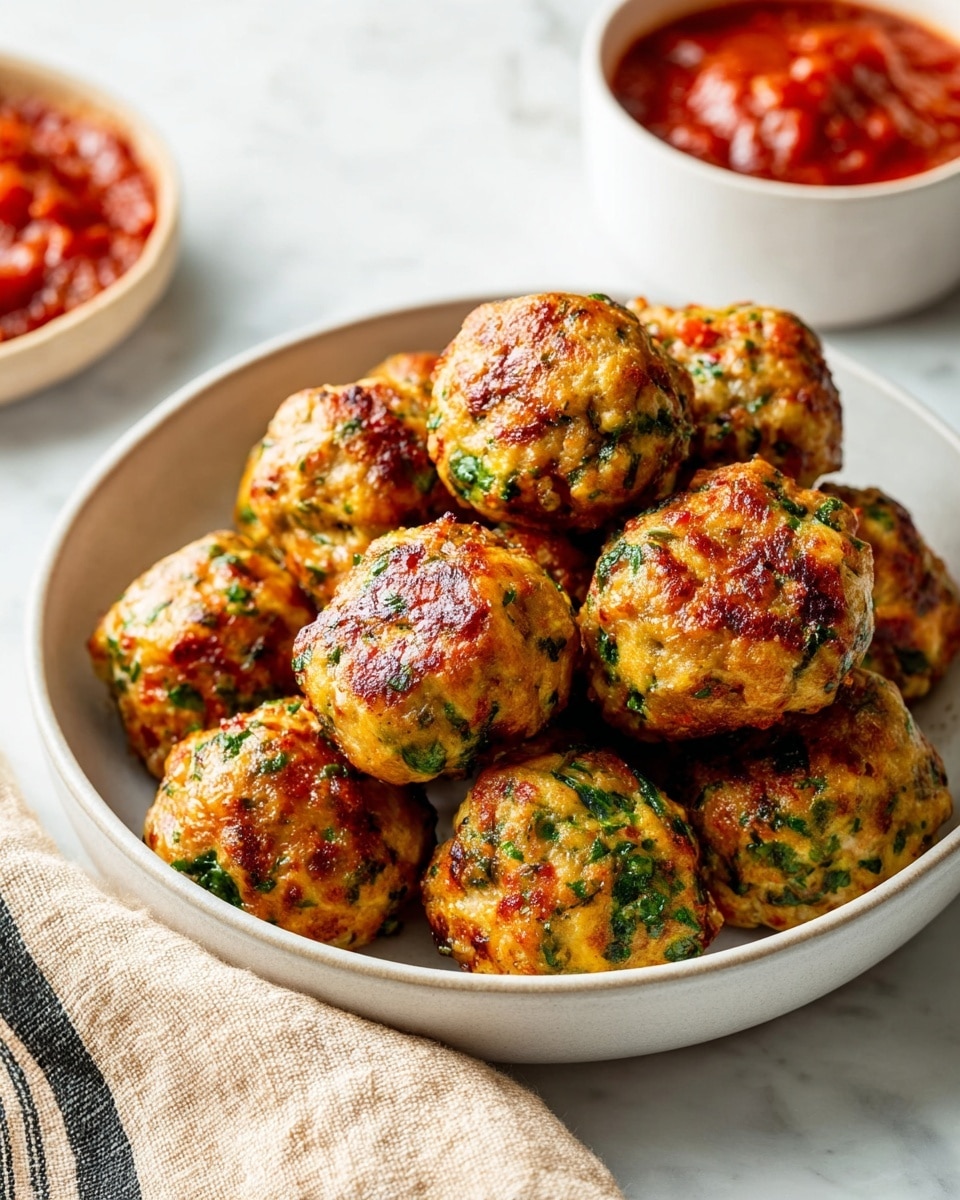 Several round, golden-brown baked balls sit close to each other on a white tray with a white marbled texture background. Each ball has a slightly crispy, browned top layer mixed with red-orange patches, while the inside shows a softer texture dotted with small green herb pieces, giving a fresh look. The balls have a moist, dense texture and are evenly baked with some oil glistening around them on the tray. photo taken with an iphone --ar 4:5 --v 7