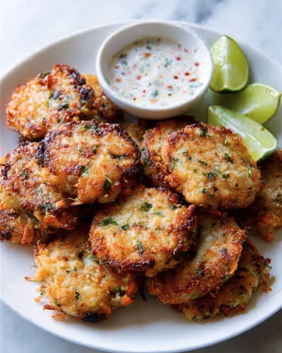 A white plate filled with small, round golden-brown patties that have a crispy texture and small green and orange bits inside. The patties are stacked in a loose pile covering the plate, showing some browned edges and a mix of smooth and rough surfaces. On the side of the plate, there is a small white bowl with white creamy sauce that has red and green specks in it. Next to the bowl, there are two lime wedges with a fresh, bright green color. The whole dish sits on a white marbled surface. photo taken with an iphone --ar 4:5 --v 7
