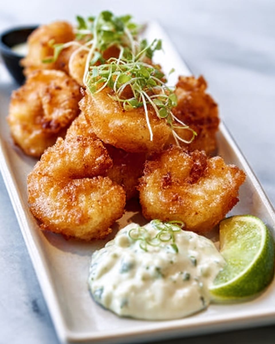 A rectangular white plate holds a small pile of golden brown fried shrimp arranged in a loose cluster. The shrimp have a crispy texture with small green herb sprigs on top. At the front of the plate, there is a dollop of thick white sauce with green herb pieces mixed inside, giving it a creamy look. In the back right corner of the plate, a half slice of lime leans against the edge. The plate sits on a white marbled surface. Photo taken with an iphone --ar 4:5 --v 7
