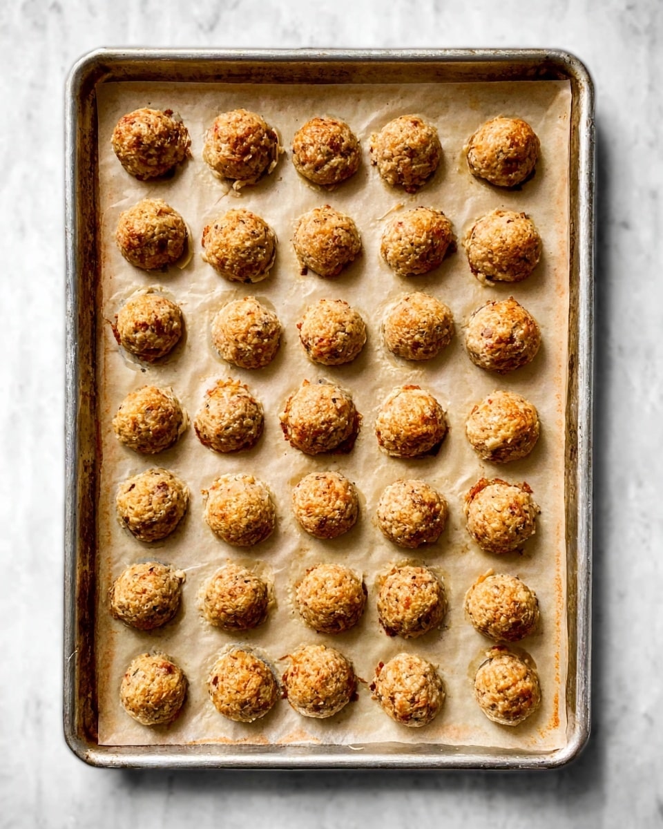 The image shows a metal baking tray lined with parchment paper on a white marbled surface. On the tray, there are five rows of small, round, golden-brown baked bites arranged neatly, with a total of 25 pieces. Each bite has a slightly rough texture with a crispy top and an even color that suggests they are baked to perfection. The edges of the tray show some browning from baking. The overall look is warm and inviting, with the bites evenly spaced and ready to serve. Photo taken with an iphone --ar 4:5 --v 7
