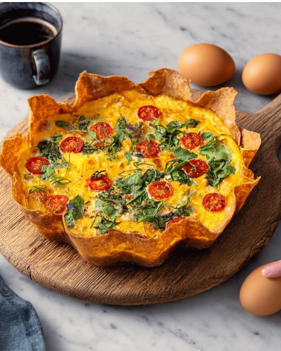 A golden-brown, crispy tart with a light, flaky crust that folds unevenly around the edges, filled with a bright yellow egg mixture topped with cooked green leaves and halved red cherry tomatoes scattered evenly. The tart sits on a round wooden board placed on a white marbled surface. Nearby, there are three eggs resting together to the right side and a black cup with a dark liquid on the left side. A woman's hand reaches gently toward the tart from the top right corner. photo taken with an iphone --ar 4:5 --v 7