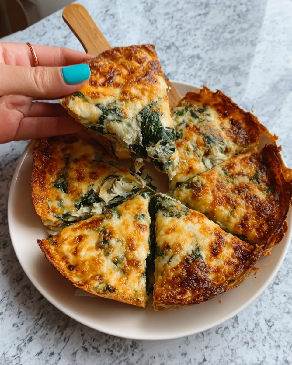 A white plate holds a pizza with a golden-brown, bubbly cheese layer on top, slightly crisp and melted with patches of light and dark brown. Beneath the cheese, there is a visible layer of green spinach or similar leafy vegetable mixed with a creamy white sauce, all resting on a thick, golden crust with a slightly rough texture and light browning around edges. The pizza is cut into four large slices, and a woman's hand with painted turquoise nails is lifting one slice using a small wooden spatula. The scene is set on a white marbled surface. photo taken with an iphone --ar 4:5 --v 7