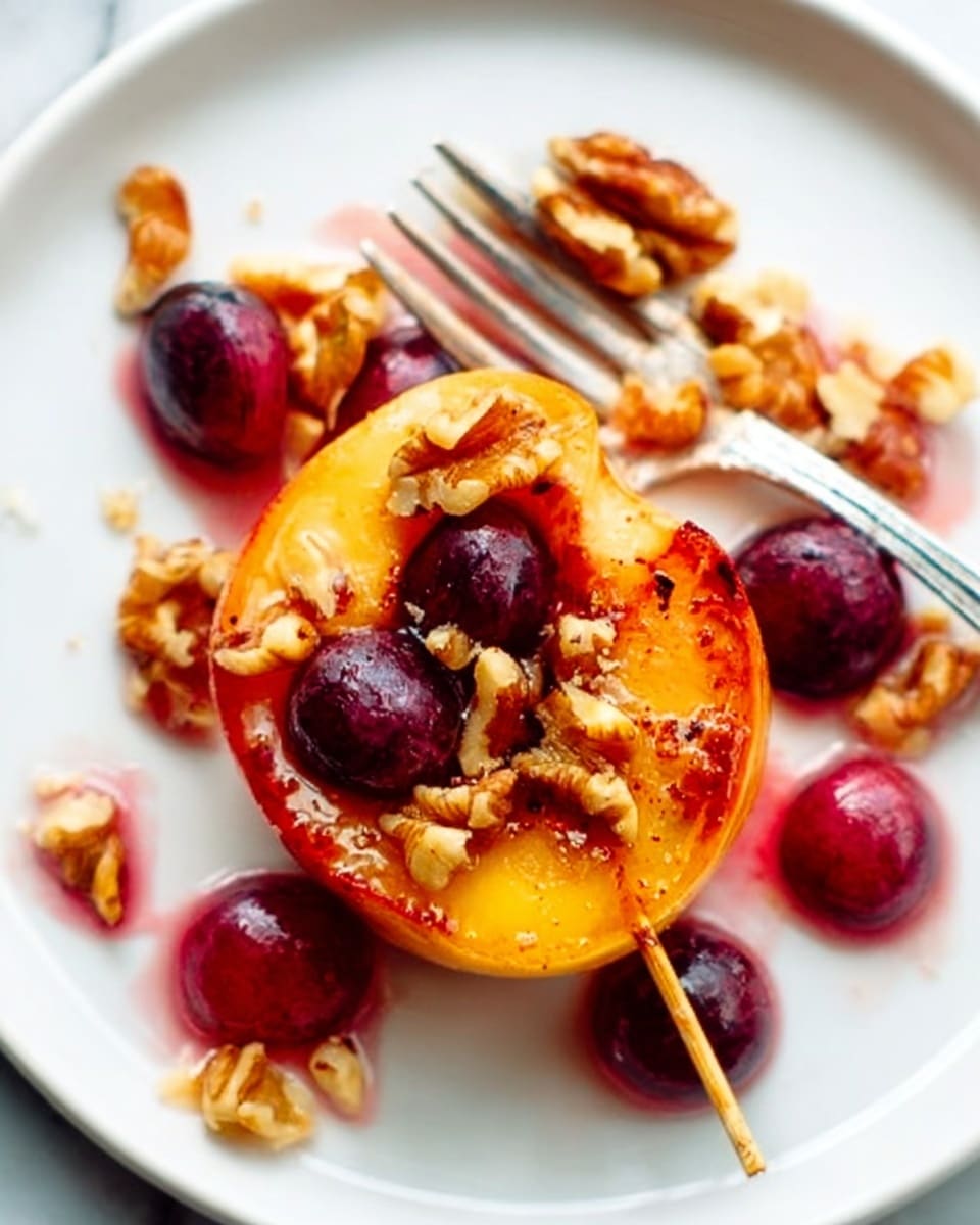 A close-up of a white plate on a white marbled surface showing a halved roasted peach with a golden caramelized top. The peach half is layered with glossy slices of small red grapes mostly near the center and a handful of walnut pieces scattered on top and around it. There are drops of red juice and small bits of walnuts spread loosely on the plate. A silver fork rests on one side of the plate and a woman's hand holds a wooden toothpick poking into the peach. The overall look is fresh with warm tones and a mix of smooth and crunchy textures. photo taken with an iphone --ar 4:5 --v 7