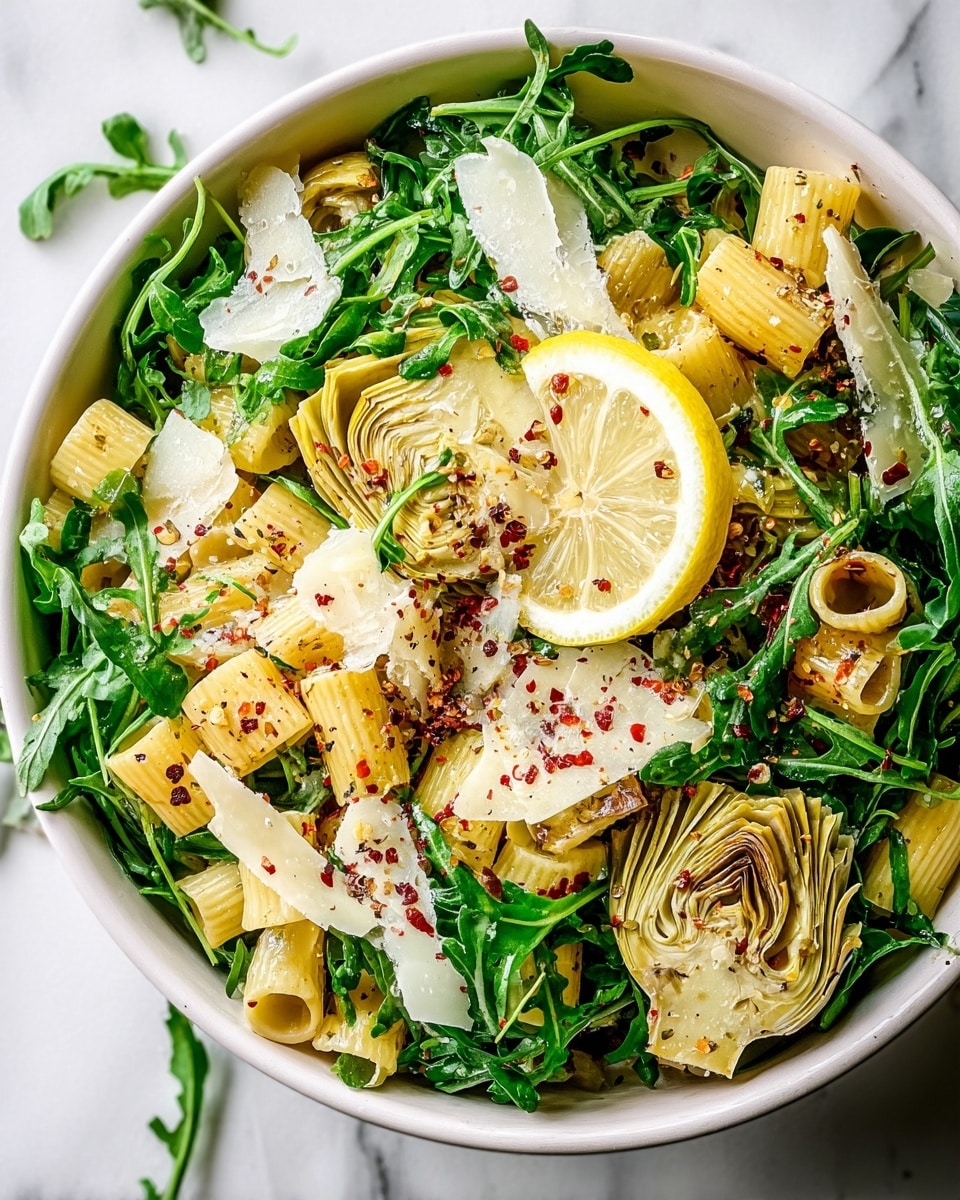 A bowl filled with three main layers: the bottom layer shows short pasta tubes in pale yellow, mixed evenly with green arugula leaves. On top of that, there are quartered artichoke hearts in light yellow-green color, scattered around with thin shaved white cheese slices. The top layer is a round lemon slice placed near the center, sprinkled with red pepper flakes and black pepper, adding small dark red and black dots. The bowl is white and placed on a white marbled surface. Photo taken with an iphone --ar 4:5 --v 7