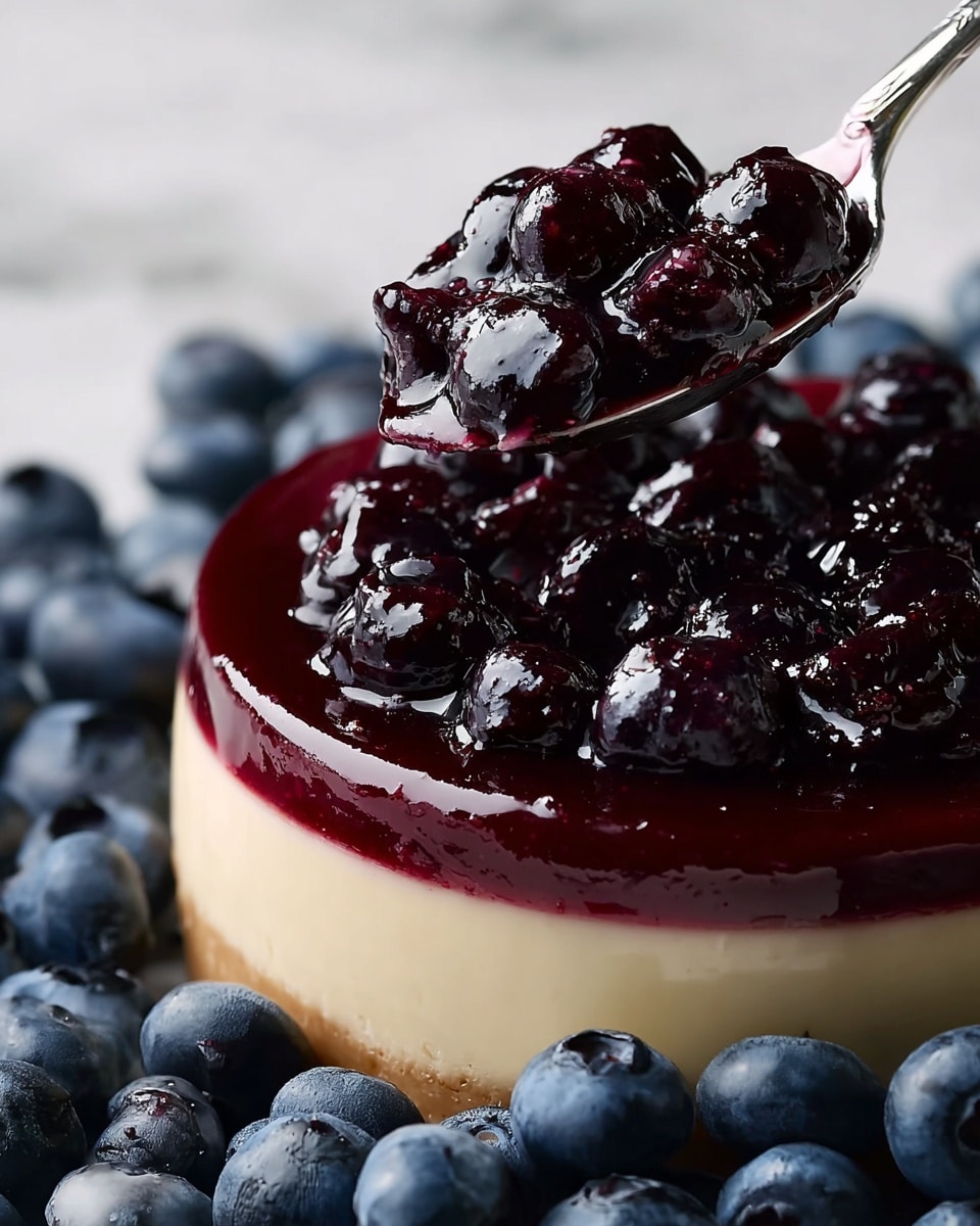 A close-up view of a small clear glass jar filled with dark purple blueberry jam, showing thick, glossy clusters of whole blueberries and syrup. A tarnished silver spoon hovers above the jar, dripping rich jam back inside. Fresh blueberries and green rosemary sprigs are scattered around the jar on a rough wooden board. Blurred in the background is a white marbled surface with a blurred dessert topped with fresh blueberries. photo taken with an iphone --ar 4:5 --v 7