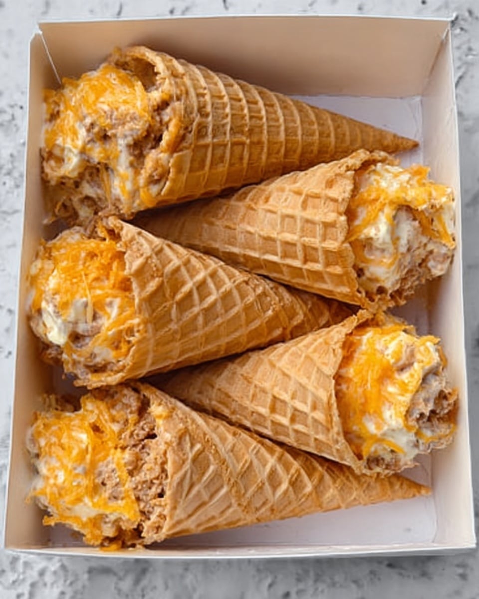 Five waffle cones are placed in a white box against a white marbled texture background. Each waffle cone is filled with a mixture consisting of light brown meat and topped with shredded orange cheese. The waffle cones show a creamy filling just under the rim, blending with the textured surface of the cone, which is golden brown with a crisp waffle pattern. The cones are arranged closely next to each other, creating a neat appearance. photo taken with an iphone --ar 4:5 --v 7
