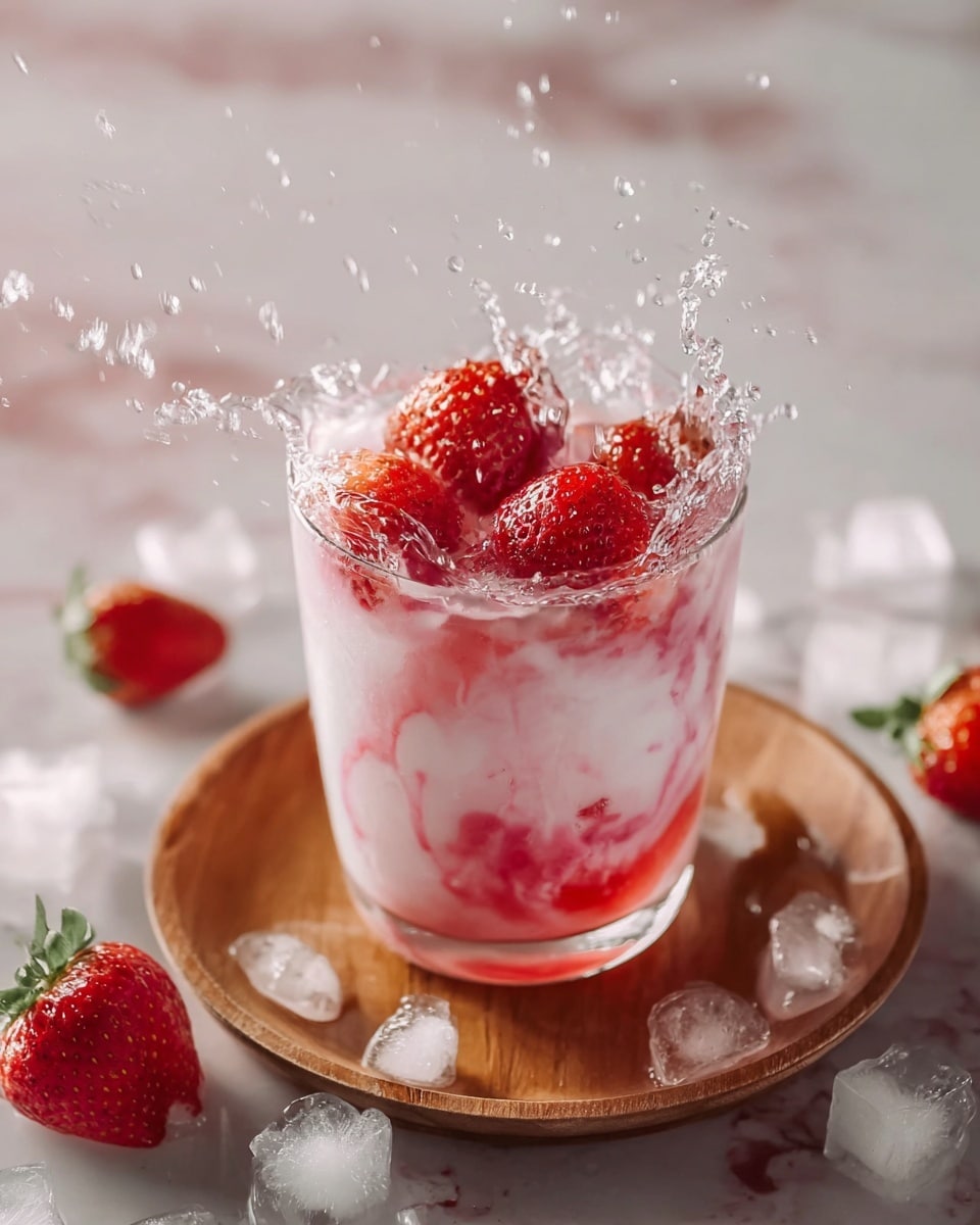 A tall clear glass filled with a pink and white swirled drink shows a creamy texture mixing with a bright pink liquid. The top layer has several clear ice cubes and two fresh red strawberries with green leaves resting among the ice. The glass is placed on a round wooden board with a white marbled surface in the background. Some strawberries and strawberry pieces are slightly blurred in the background, adding depth to the image. Photo taken with an iphone --ar 4:5 --v 7