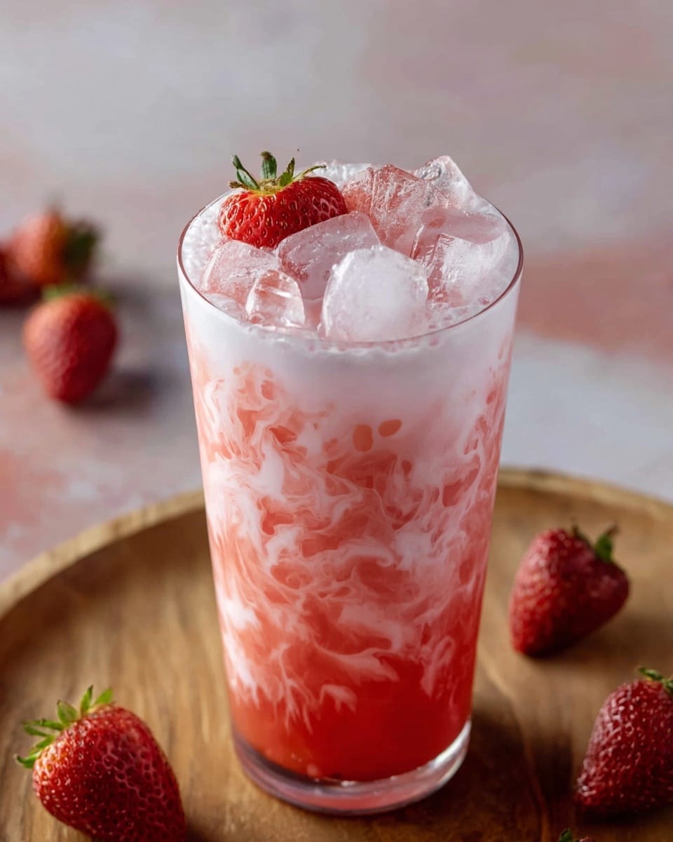 A clear glass filled with three bright red strawberries floating on top of a pink and white creamy liquid with ice cubes visible inside; the liquid has swirls of pink mixing through the white base. The glass sits on a round wooden tray placed on a white marbled surface scattered with small ice cubes and several whole strawberries around it. Some water splashes are captured mid-air over the strawberries in the glass, showing freshness and motion. Photo taken with an iphone --ar 4:5 --v 7