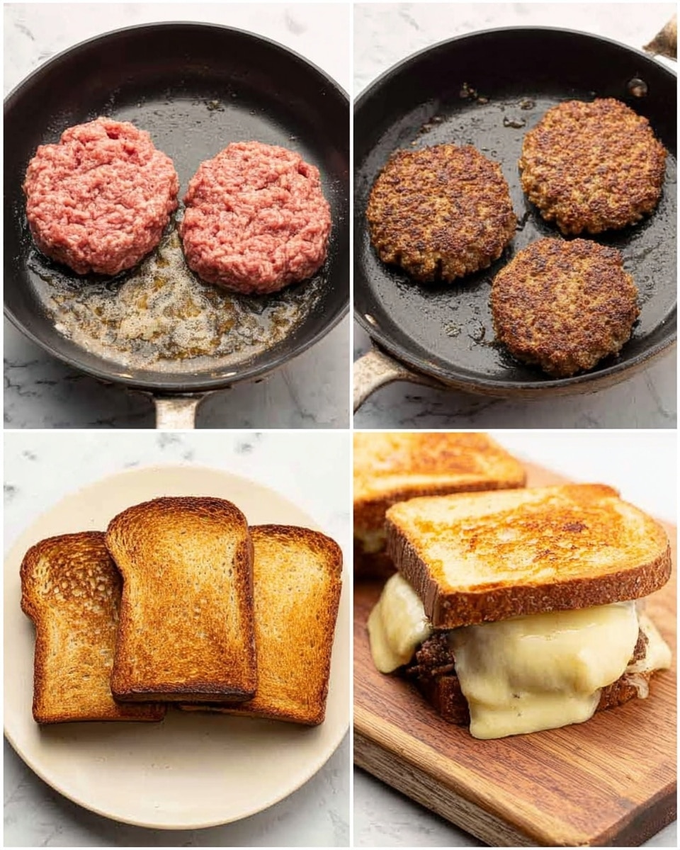 The image shows four smaller pictures arranged in a square. The top left picture has two raw, pink ground meat patties with a soft, loose texture in a frying pan. The top right picture shows two cooked brown patties with a crispy, slightly rough surface in the same pan. The bottom left picture shows four slices of toasted brown bread with a crispy texture on a white plate on a white marbled surface. The bottom right picture shows a sandwich with two slices of toasted brown bread, melting white cheese oozing from between the slices, sitting on a wooden board against the same white marbled background. Photo taken with an iphone --ar 4:5 --v 7
