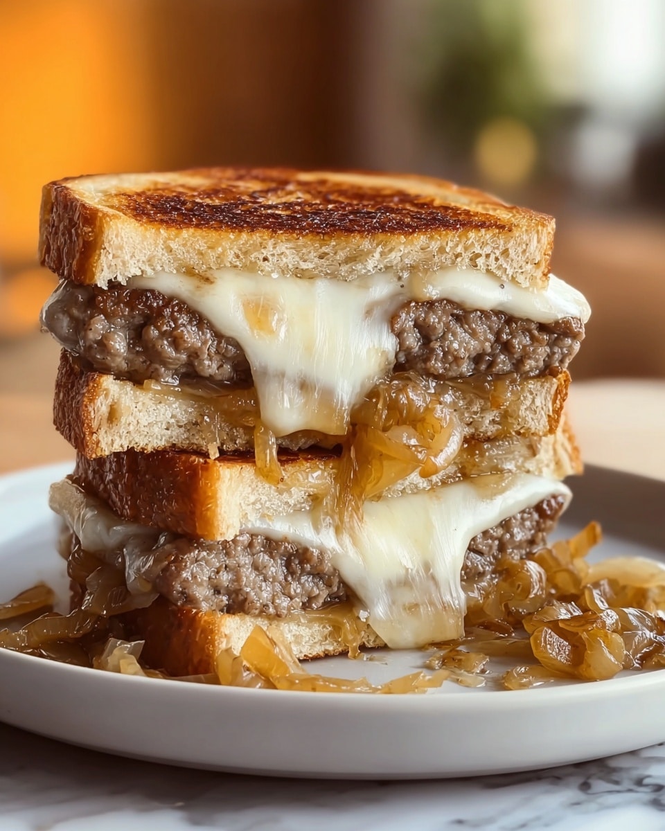 A close-up view of a double stack grilled sandwich on a white plate, placed on a white marbled surface. The sandwich has two layers of thick toasted bread with a golden brown crispy texture. Each layer holds a juicy brown meat patty topped with melted white cheese that is soft and stringy, stretching between the layers. There are caramelized onions, light amber in color, both inside the sandwich and spilling out onto the plate. The background is softly blurred with warm tones, focusing attention on the sandwich. Photo taken with an iphone --ar 4:5 --v 7