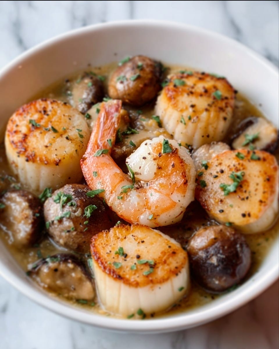 A white bowl filled with golden-brown seared scallops and a single pink shrimp in the center, surrounded by soft, cooked brown mushrooms in a light sauce. Small green herbs are sprinkled on top, adding fresh color contrast to the dish. The scallops have a slightly crisp edge, and the shrimp is nestled gently among the other ingredients. The background is a white marbled texture. Photo taken with an iphone --ar 4:5 --v 7