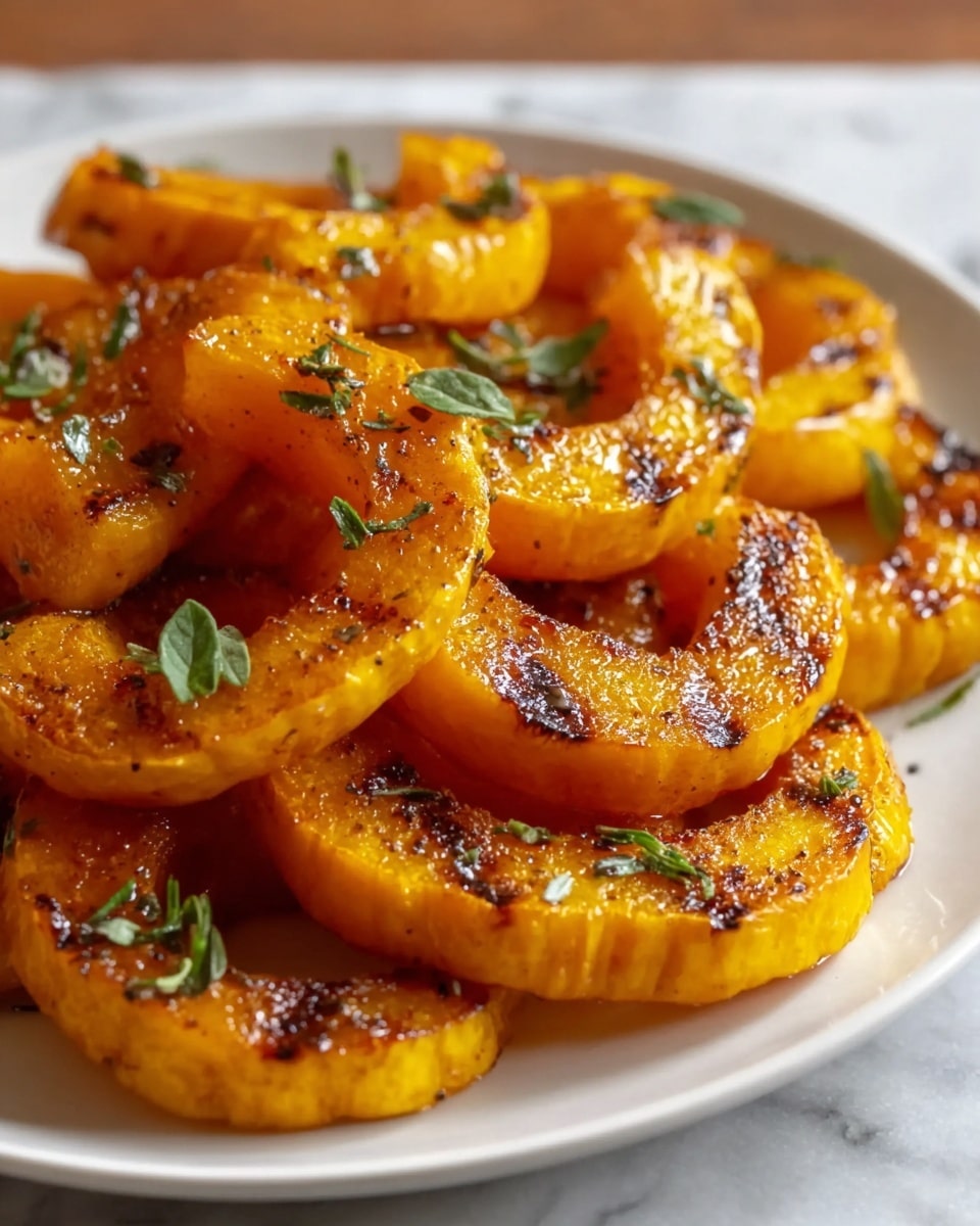 The image shows a white plate filled with several slices of cooked squash arranged in overlapping layers. The squash pieces are golden orange with a slightly charred texture on their rounded edges, showing grill marks that create a crispy appearance. Small green herb leaves are scattered over the top layers of squash, adding a fresh contrast to the warm color. The background is a white marbled surface, and the image is focused closely on the squash slices, emphasizing their juicy and tender texture. Photo taken with an iphone --ar 4:5 --v 7