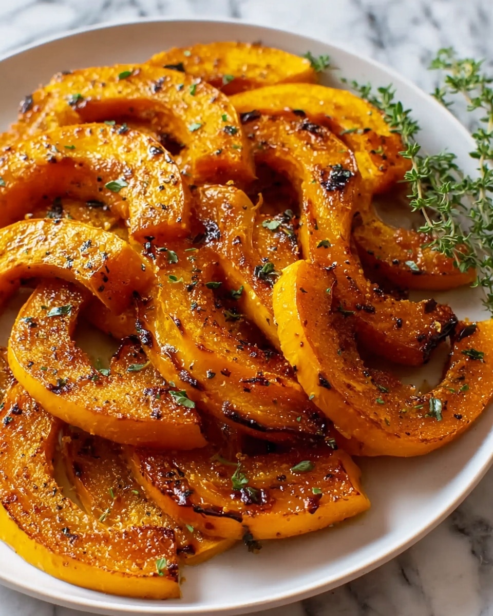 The dish shows multiple crescent-shaped slices of roasted orange squash layered on a white plate, each piece has a caramelized, slightly charred surface with specks of black pepper and green herbs sprinkled over them. The squash pieces have a glossy texture, and the edges are soft and tender. The layers overlap each other slightly, creating a sense of depth and richness. The plate is placed on a white marbled surface with a small sprig of green herbs visible at the side. Photo taken with an iphone --ar 4:5 --v 7