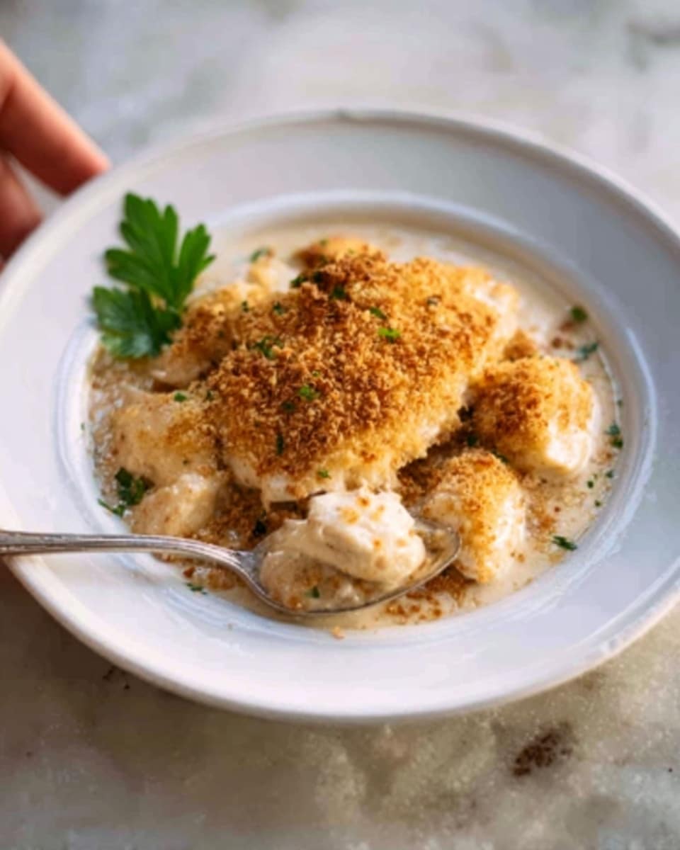 A white plate holds a creamy casserole with a golden brown, crispy crumb topping, slightly cracked to show tender white chunks of chicken beneath. The creamy sauce is light beige and rich, filling the bottom of the plate around the chicken pieces. A small green parsley leaf rests on the edge near the top, adding a touch of fresh color. The plate sits on a white marbled surface, and a woman’s hand is gently holding a spoon about to scoop into the dish photo taken with an iphone --ar 4:5 --v 7