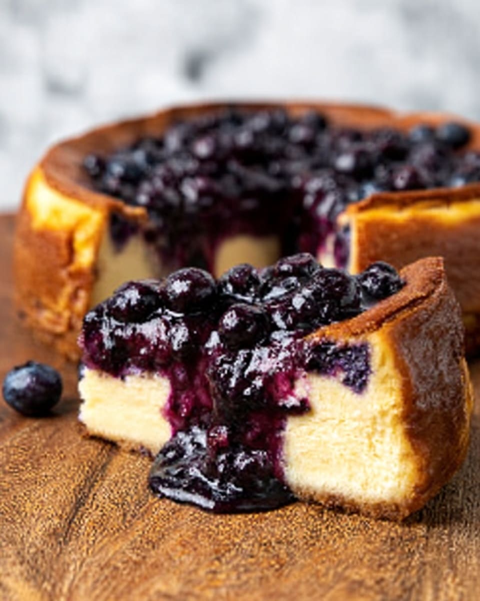 The image shows a thick cheesecake with a golden brown top that looks soft and smooth. The cheesecake is filled with dark purple blueberry sauce visible in the middle and on top, with whole blueberries making it look fresh and juicy. A single slice is placed in front of the cheesecake on a wooden surface, showing a creamy off-white inside with blueberry sauce oozing out from the center and pooling slightly on the surface. The whole cake and slice have a slightly shiny, moist texture from the blueberry topping. The background is a white marbled texture. photo taken with an iphone --ar 4:5 --v 7