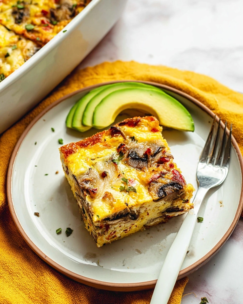 A square piece of a layered egg casserole sits on a white plate with two slices of green avocado on the side. The casserole has multiple visible layers including a golden brown, slightly crispy top with melted cheese, browned bits, and small pieces of mushrooms and herbs. The inside shows a creamy yellow layer with red specks and green herbs, giving it a textured look. A white plastic fork rests on the plate beside the casserole. The plate is on a white marbled surface with a yellow cloth partially visible. The corner of a white baking dish filled with the same casserole is in the upper left corner. Photo taken with an iphone --ar 4:5 --v 7