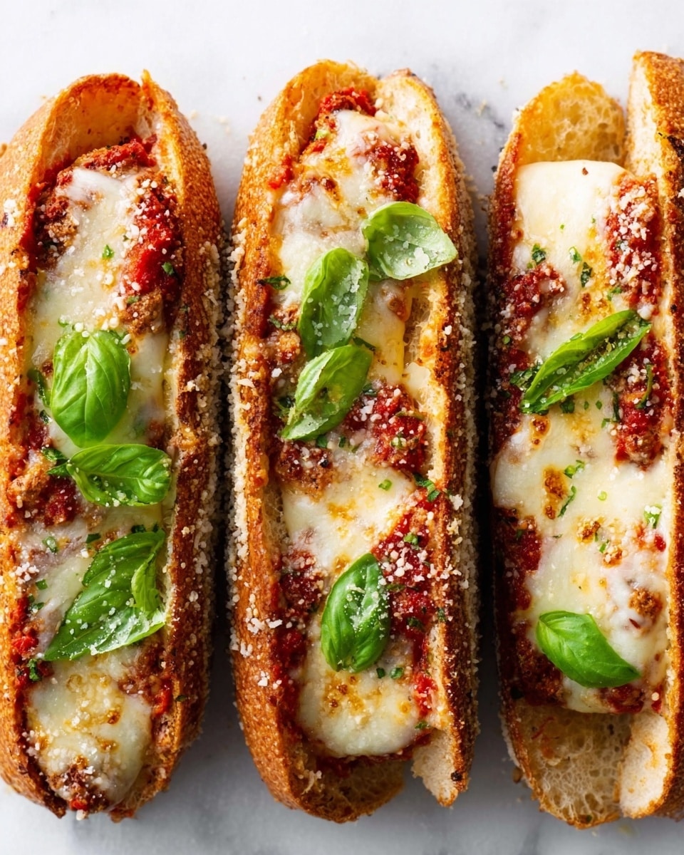 Three toasted sandwiches sit side by side on a white marbled surface, each with a golden-brown crust and sprinkled with white parmesan cheese. Inside, layers of melted, creamy cheese stretch across the length of the sandwich, dotted with small, crumbly pieces of rich red tomato sauce. Bright green basil leaves rest on top, adding a fresh color contrast against the cheese and sauce. The sandwiches are arranged neatly in a row, showing off the open-top filling clearly. Photo taken with an iphone --ar 4:5 --v 7