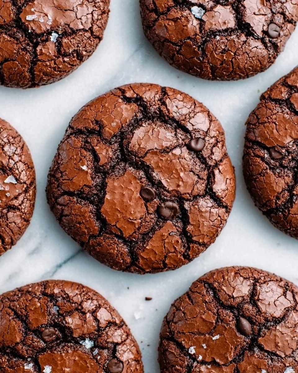 A stack of five thick dark brown chocolate cookies with a rough, cracked surface, each cookie layered one on top of the other. Rich melted chocolate drips down from the top cookie to the bottom, pooling slightly at the base. The texture of the cookies looks soft and dense, with some shiny patches of melted chocolate and small pieces of nuts or chocolate chunks visible on top. The background is softly blurred in deep teal and purple shades, resting on a white marbled surface. photo taken with an iphone --ar 4:5 --v 7
