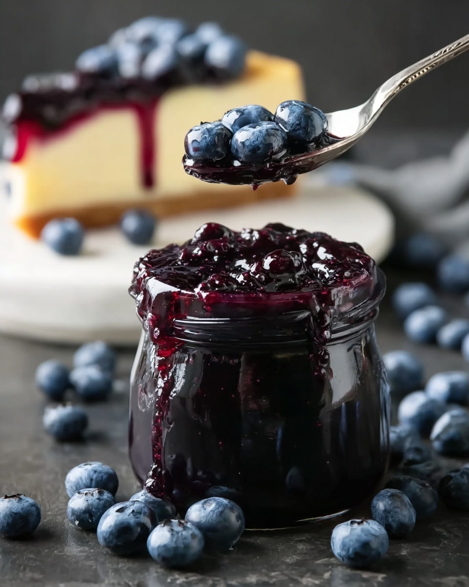 A cheesecake with three layers is shown: the bottom layer is creamy light beige, the middle layer is a smooth, glossy dark red jelly, and the top layer is thick, shiny dark purple-blue blueberries in syrup that look wet and juicy. A silver spoon lifts a spoonful of the blueberries from the top layer. Around the cheesecake are scattered fresh, plump blueberries with a matte texture. The cheesecake sits on a white marbled surface. photo taken with an iphone --ar 4:5 --v 7