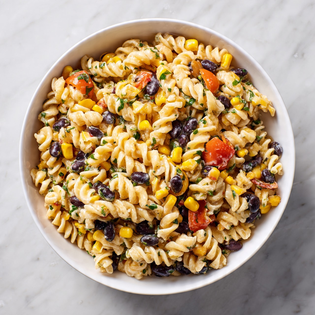 This close-up image shows a vibrant pasta salad with three main layers: twisted rotini pasta in a pale cream color as the base, mixed evenly with bright yellow corn kernels and small black beans, creating a textured contrast. Scattered throughout are diced red bell peppers and chopped green bell peppers, adding fresh pops of red and green on top. Small pieces of chopped fresh herbs, likely cilantro or parsley, are sprinkled all over, adding fine green flecks and a fresh touch. The food is presented on a white marbled surface that softly blurs in the background. photo taken with an iphone --ar 4:5 --v 7
