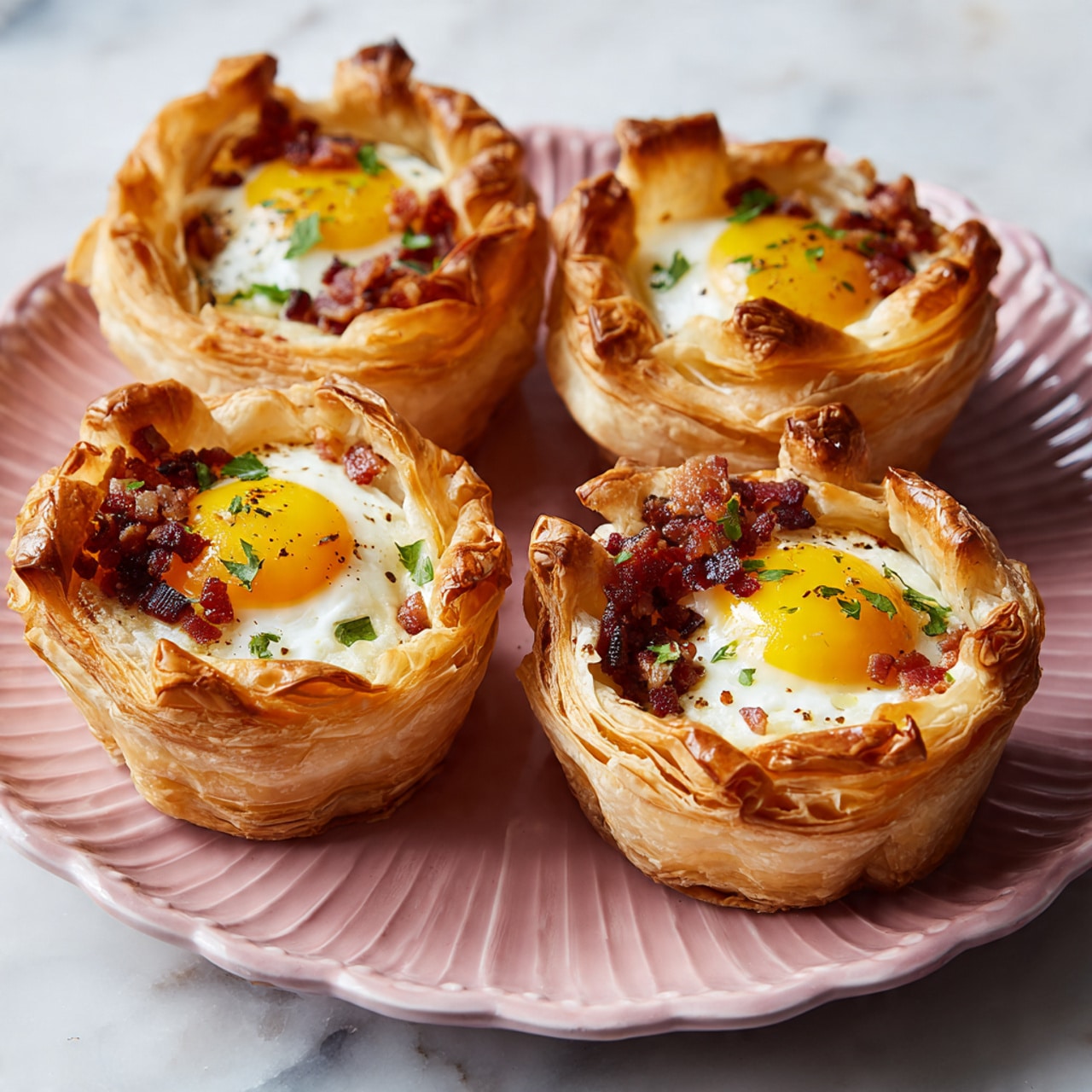 Four puff pastry cups are arranged on a pink scalloped plate, each filled with a bright yellow cooked egg yolk surrounded by soft white egg whites. The pastry layers look flaky and golden brown, creating a tall cup shape with crispy edges. On top of the eggs, there are small piles of reddish-brown cooked bacon bits and sprinkled green herbs for color. The whole scene is set on a white marbled surface. Photo taken with an iphone --ar 4:5 --v 7