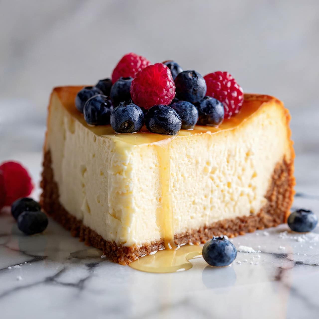 The image shows a thick slice of creamy cheesecake with a smooth, pale yellow inside and a slightly golden, browned edge on top. It sits on a white marbled surface with a light dusting of powdered sugar near the base. On top of the cheesecake, there is a layer of fresh berries including deep red raspberries, dark blue blueberries, and black blackberries, creating a vibrant contrast with the soft yellow cheesecake. A blurred blueberry is visible in the foreground, adding depth to the photo taken with an iphone --ar 4:5 --v 7