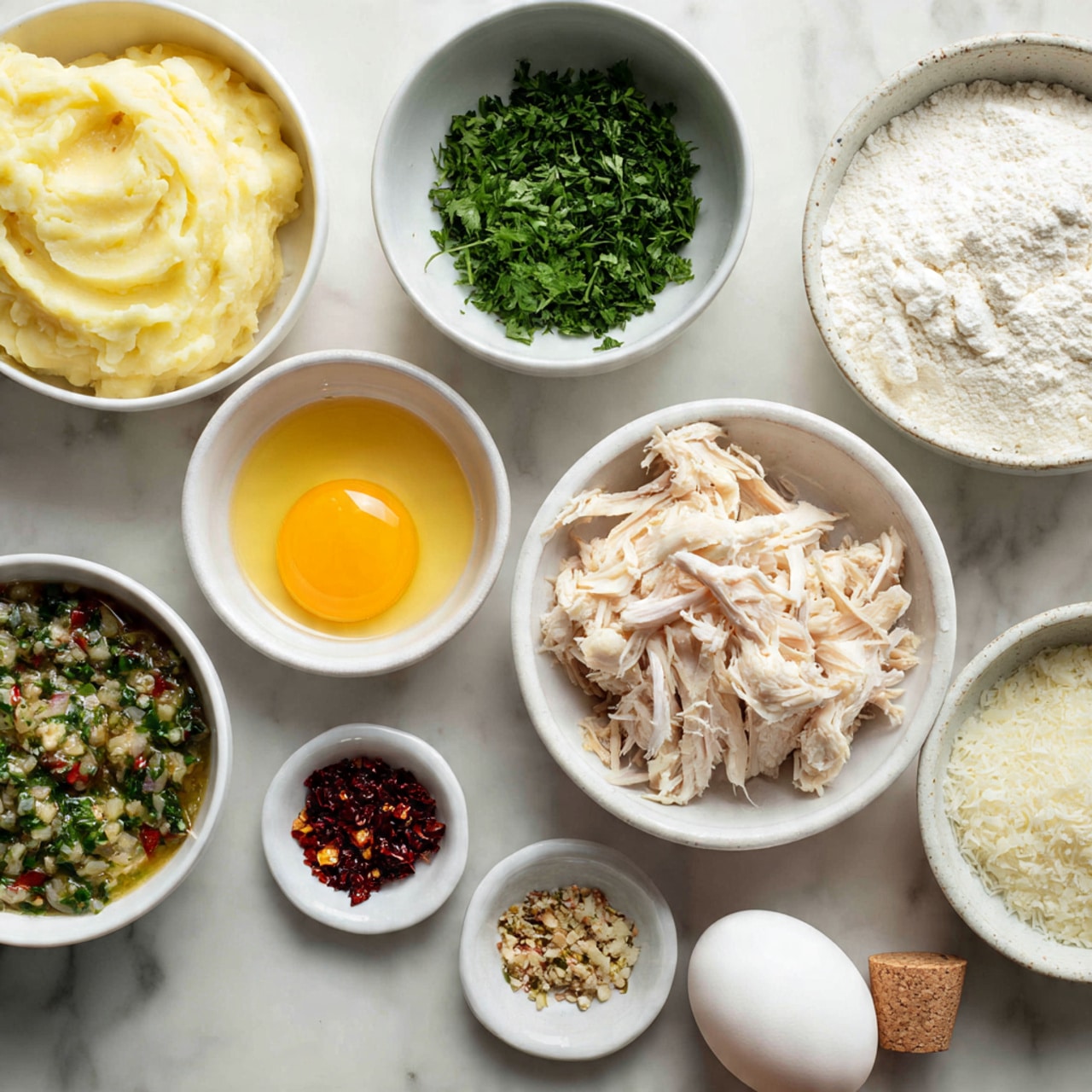 The image shows nine small white bowls arranged on a white marbled surface, each containing different ingredients. In the top left bowl, there is creamy, pale yellow mashed potatoes with a smooth texture. Next to it, towards the center top, is a bowl filled with fresh bright green chopped herbs. To the right of this is a larger bowl filled with fine, white flour. Below the mashed potatoes on the left side, there is a bowl with a single raw egg yolk in clear egg white, its bright yellow center glowing. In the center, a larger bowl holds shredded pale beige cooked chicken with a soft, fibrous texture. To its right, there is a white bowl filled with chunky, green salsa or sauce with visible bits of herbs. Below the egg yolk bowl is a tiny bowl with dark red and white specks of chili flakes and seasonings. Slightly to the right, another small bowl contains a shiny, greenish chunky sauce. To the bottom right, a bowl holds small white grainy couscous, next to a whole uncooked white egg resting beside a cork stopper. Photo taken with an iphone --ar 4:5 --v 7