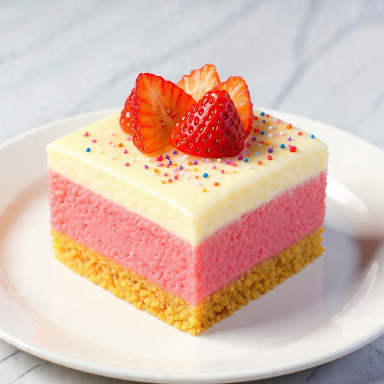 The image shows a close-up of a single dessert square with three main layers. The bottom layer is a light tan crispy rice treat with a slightly rough texture. The middle layer is a pink creamy frosting that drips down the sides in small waves, topped with white dollops of whipped cream placed unevenly along the surface. The top layer features bright red, glistening sliced strawberries arranged close together, sprinkled with colorful small oval-shaped sprinkles in green, purple, yellow, blue, and white scattered across the strawberries and cream. The dessert rests on a white plate over a white marbled surface. Photo taken with an iphone --ar 4:5 --v 7