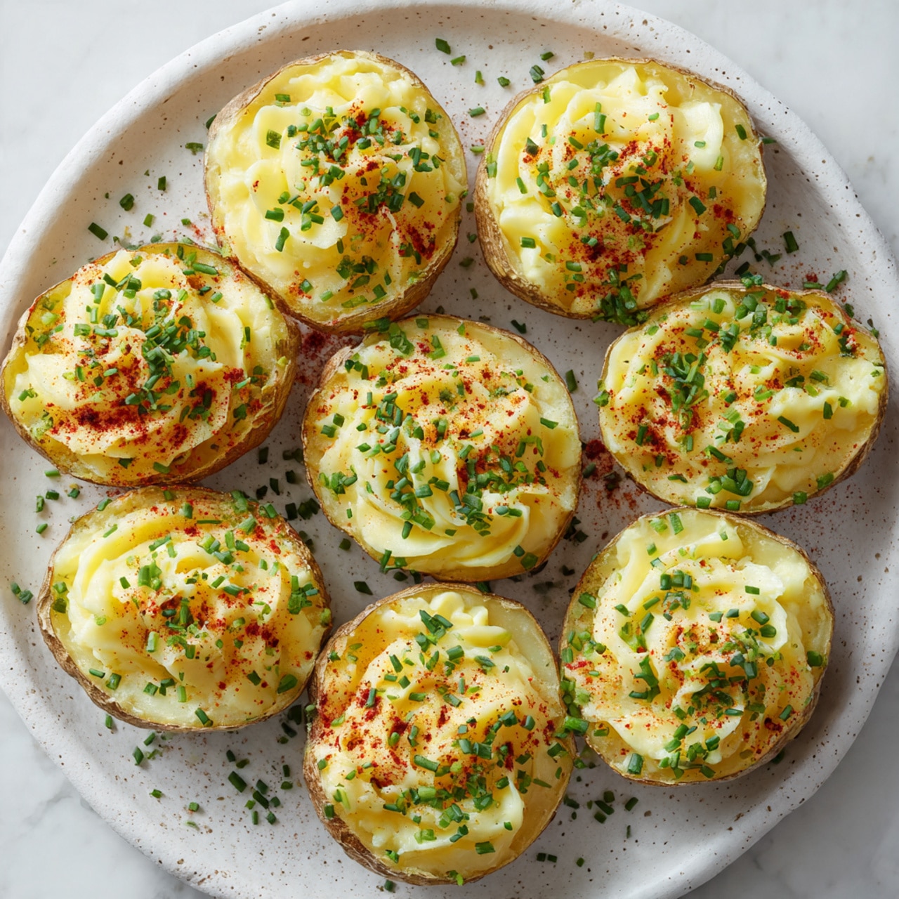 The image shows a white speckled oval plate holding eight potato halves arranged in two rows. Each potato half has a pale yellow outer skin layer and is filled with a smooth, creamy yellow mixture placed in the center. The filling is topped with small green chopped chives and lightly dusted with a fine reddish-orange spice powder. The plate rests on a white marbled surface with a beige cloth visible at the lower right edge. photo taken with an iphone --ar 4:5 --v 7