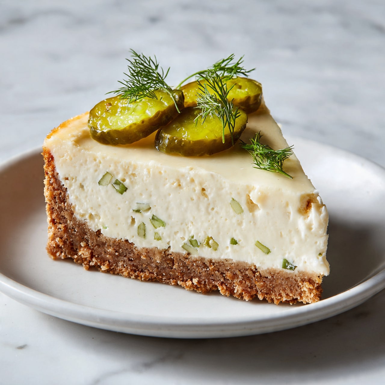 A slice of cheesecake shows three layers: the bottom is a thick, crumbly light brown crust, the middle is a thick, creamy white cheese layer with small green flecks inside, and the top is decorated with three shiny green pickle slices and small green dill leaves. The slice sits on a simple white plate, and the background is a white marbled surface. Photo taken with an iphone --ar 4:5 --v 7