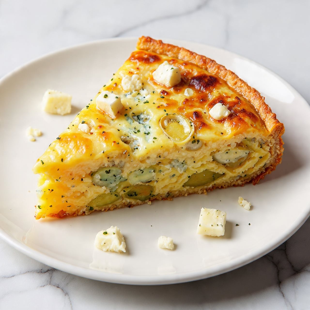 A thick slice of frittata sits on a white plate with a white marbled surface beneath. The frittata has two main layers: a golden-brown top layer with browned spots and visible herbs, and a dense pale yellow base filled with pieces of light green artichoke hearts and sprinkled green herbs. White chunks of soft cheese are spread on top and around the slice. The edges of the slice are clean and show the texture of the cooked egg mixture and vegetable pieces inside. photo taken with an iphone --ar 4:5 --v 7