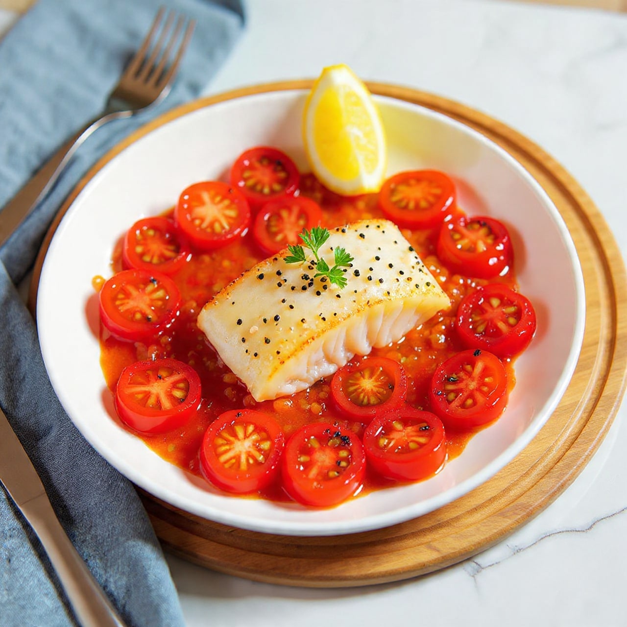 A white round dish contains a fillet of lightly browned fish with green herb sprinkles on top, resting on a bed of grilled halved cherry tomatoes that are deep red with a slight char. Garnishing the top center is a small sprig of fresh green parsley. A pale yellow lemon wedge is placed on the rim of the dish at the back. The dish sits on a wooden board with a blue cloth napkin and silver fork and knife to the left, all on a white marbled surface. Photo taken with an iphone --ar 4:5 --v 7