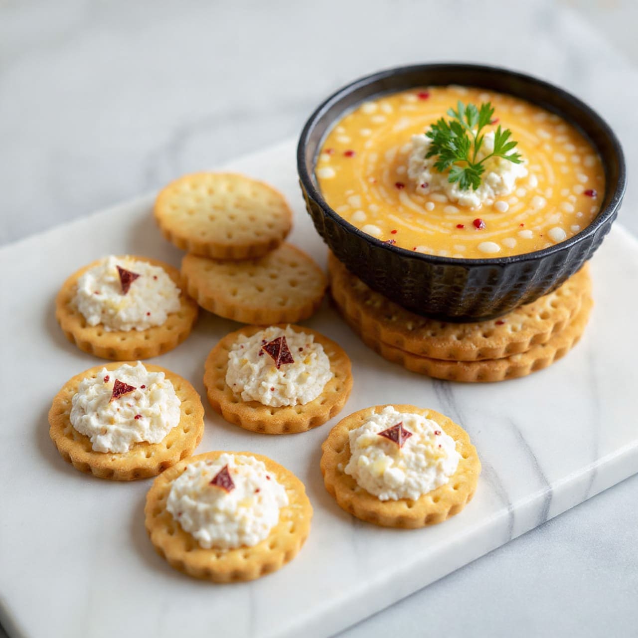 A textured black bowl sits on a white marbled surface, filled with a creamy orange and white dip mixed with small red bits, topped with a small bunch of fresh green parsley on the right side. To the bottom left of the bowl are three round golden crackers each topped with a scoop of the creamy dip and a small piece of red garnish. Beside the crackers is a neat stack of more golden round crackers arranged in a slightly curved pile, showing their ridged edges and slightly shiny texture. The photo taken with an iphone --ar 4:5 --v 7
