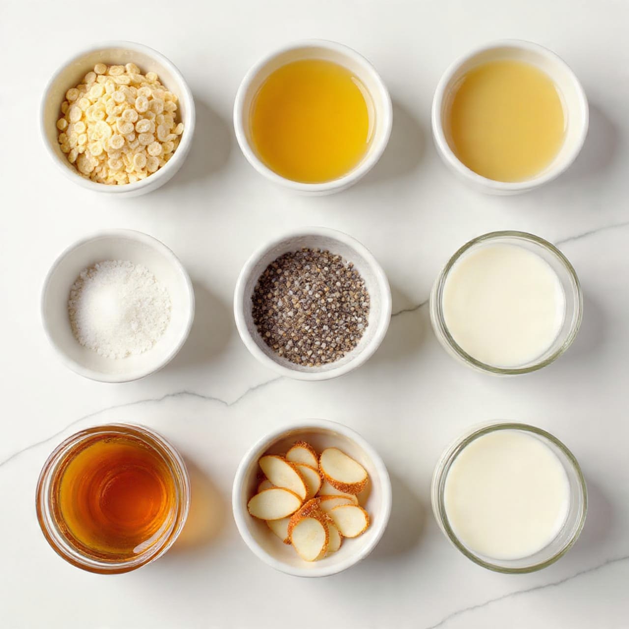 The image shows nine small white bowls and glass jars arranged neatly on a white marbled surface. From top left, a bowl filled with light beige rolled oats with a rough texture, next to it a bowl of smooth, off-white liquid. Below the oats bowl, a smaller bowl holds tiny black chia seeds, and next to it is a bowl with shiny golden honey. At the bottom left, a bowl with thin, light brown almond slices, and near the center a small bowl of fine white salt. On the right side, a glass jug with dark brown maple syrup and below it a small glass jug of white milk. Lastly, two glass jars contain white shredded coconut, one smaller on the upper middle and one larger on the bottom right. photo taken with an iphone --ar 4:5 --v 7