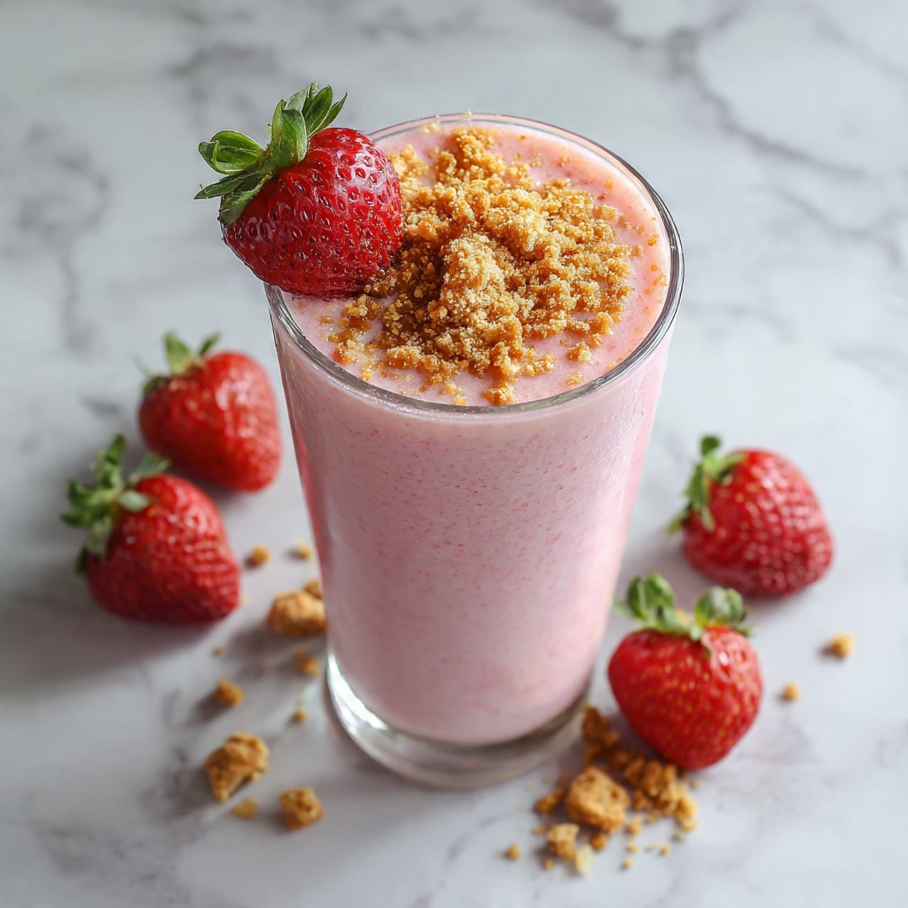 The image shows two clear glass jars filled with a smooth, light pink strawberry smoothie. Each jar is topped with a sliced red strawberry on the rim and has a clear glass straw inserted. The jars sit on a wooden board that has a rich, warm brown color and visible grain texture. Around the jars, there are whole and sliced strawberries with bright red hues and green leafy tops. In the background, there is a white bowl filled with red strawberries and a small white dish with a light beige powder, all placed on a white marbled surface. A white and gray striped cloth is partially visible in the bottom right corner. photo taken with an iphone --ar 4:5 --v 7
