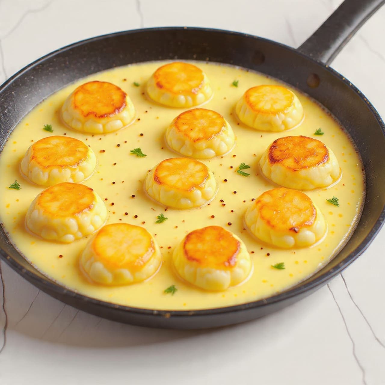 The image shows a close-up of a brown baking dish filled with several browned cabbage wedges arranged in neat rows. Each wedge has a light golden, slightly charred top with a soft pale interior. They sit in a creamy, thick sauce that is light yellow with specks of black pepper and small finely chopped green herbs sprinkled on top. The cabbage texture looks soft and tender with a slightly crispy, browned exterior. The dish is placed on a white marbled surface. Photo taken with an iPhone.