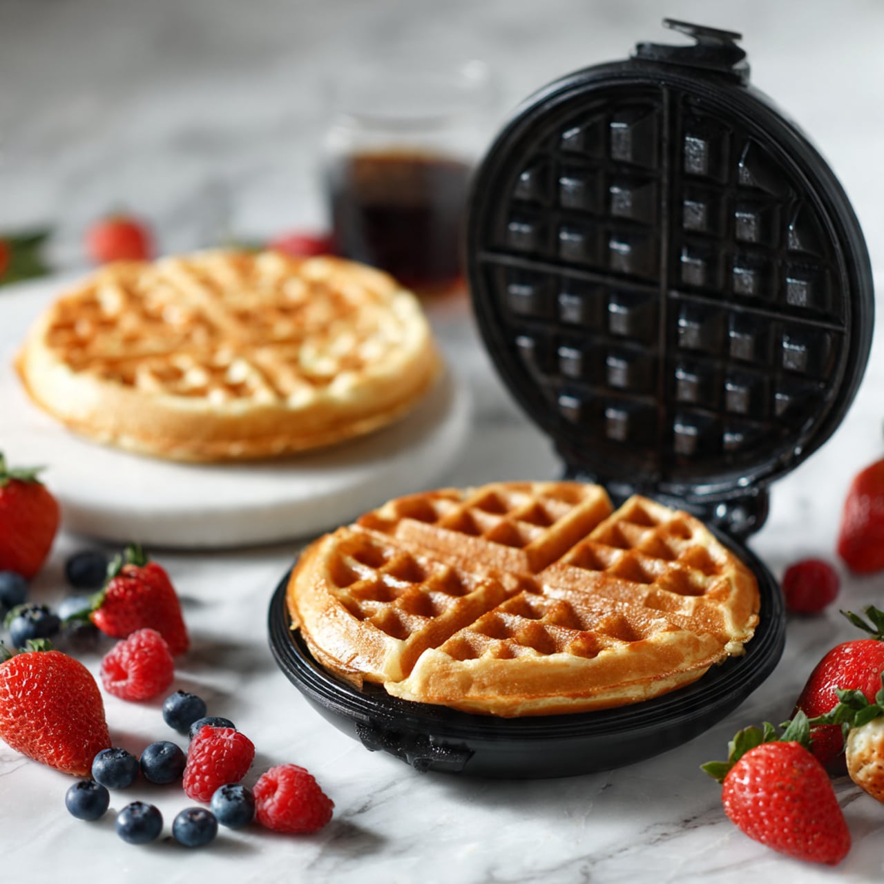 The image shows a golden waffle inside an open black waffle maker, with its grid texture clearly visible. Next to it, there is a round, golden waffle resting on a white marble surface. In the foreground, there are scattered fresh berries including blueberries, raspberries, and strawberries, adding bright red and blue colors. The background is softly blurred but shows a glass filled with a dark liquid. The scene is bright and clear, all placed on a white marbled surface photo taken with an iphone --ar 4:5 --v 7