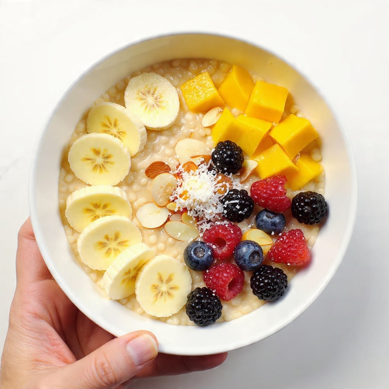 A white bowl filled with creamy oatmeal forms the base layer, topped with a neat circle of sliced banana pieces on one side. Next to the banana, there are small chunks of bright yellow mango. In the center, a mix of fresh blackberries, raspberries, and blueberries creates a cluster of deep purple, red, and blue colors. Scattered almond slices add a light beige color and crunchy texture on top along with a sprinkle of shredded white coconut. The bowl sits on a white marbled surface, and a woman's hand is holding the edge of the bowl. Photo taken with an iphone --ar 4:5 --v 7