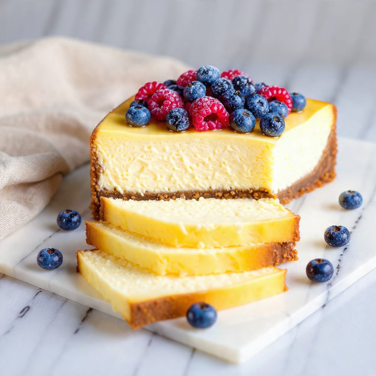 A rectangular, golden brown cheesecake with a smooth, pale cream inside is placed on white parchment paper over a white marbled surface. The cheesecake is sliced into three thick layers at the bottom part, showing its soft texture. On top, there is a layer of fresh mixed berries including blueberries, blackberries, and raspberries, some dusted lightly with powdered sugar. More berries are scattered around the cheesecake on the parchment. The background includes a beige cloth napkin to the left. Photo taken with an iphone --ar 4:5 --v 7