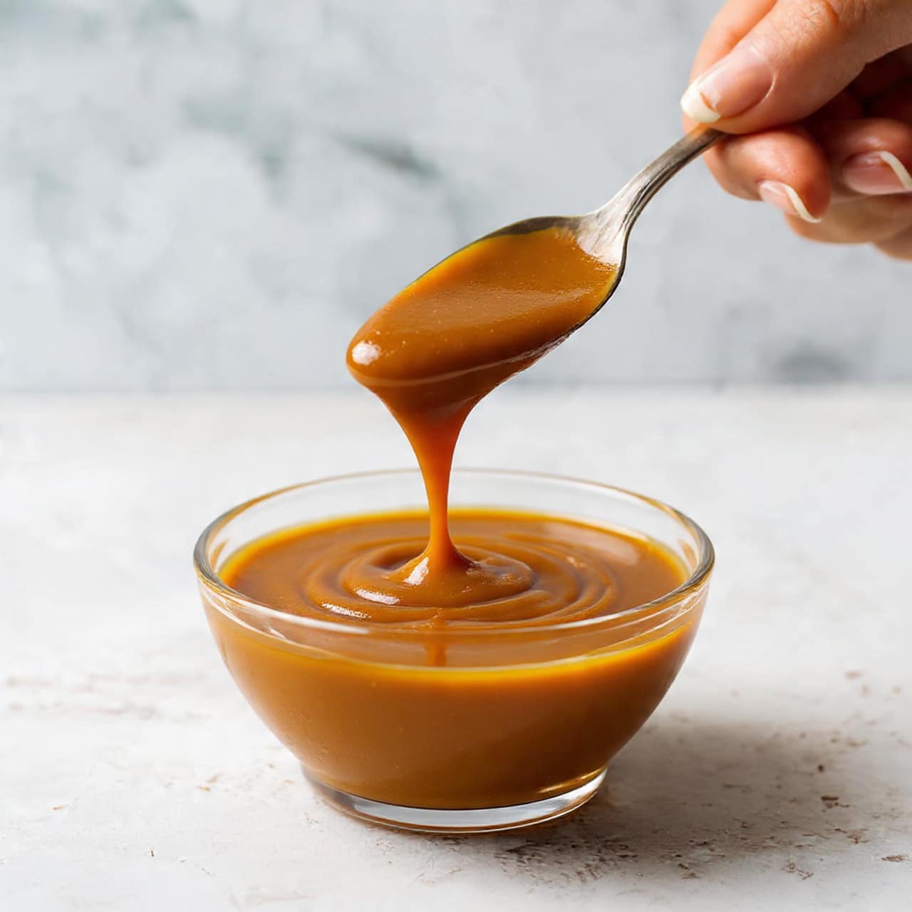 A small clear glass bowl filled with smooth, thick orange-brown sauce sits on a white marbled surface. The sauce looks creamy and rich, with slight visible specks. Above the bowl, a spoon holds a drop of the sauce, showing its thick texture as it drips down. The background is soft and blurry, focusing clearly on the sauce and spoon. photo taken with an iphone --ar 4:5 --v 7