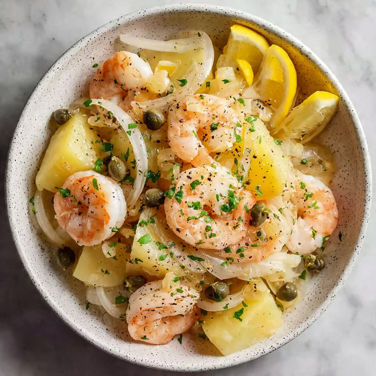 The dish shows a bowl filled with cooked shrimp that are pink and white, layered with chunks of light yellow potatoes and pale sliced onions. Small dark green capers are scattered on top, along with a sprinkle of finely chopped green herbs and black pepper. In the back, there are a few yellow lemon wedges placed inside the bowl. The bowl is white speckled, placed on a white marbled surface. Photo taken with an iphone --ar 4:5 --v 7