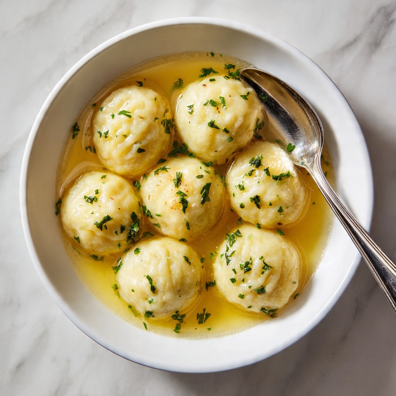 The image shows a white bowl filled with seven round dumplings in light yellow broth. Each dumpling has a smooth, slightly shiny surface with small, neat folds on top, creating a soft, rounded shape. The dumplings float closely together, with small green herb pieces sprinkled on top for color contrast. A silver spoon is partially dipped into the broth on the right side of the bowl. The bowl sits on a white marbled surface with a kitchen background visible behind it. Photo taken with an iphone --ar 4:5 --v 7
