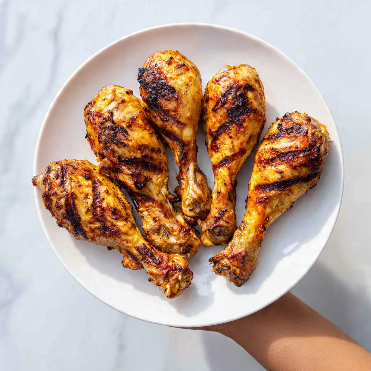 A white plate with five grilled chicken drumsticks arranged in a fan shape. The drumsticks have golden-brown, crispy skin with visible char marks. The background is a white marbled surface. A woman's hand is holding the edge of the plate. photo taken with an iphone --ar 4:5 --v 7