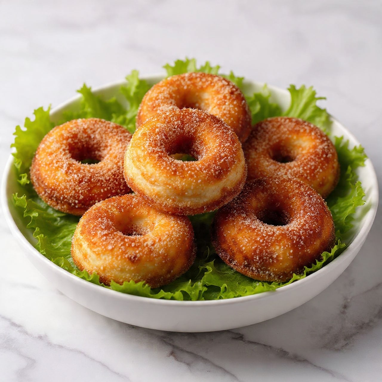 A white bowl filled with six golden-brown donuts, each donut showing a rough, crunchy texture with sugar crystals evenly covering the surface. The donuts have a thick, soft shape with large rounded holes in the center. The background and surface under the bowl have a white marbled texture, and a slightly blurred white cloth can be seen in the back. The close-up view emphasizes the crunchy sugar layer on the donuts. Photo taken with an iphone --ar 4:5 --v 7