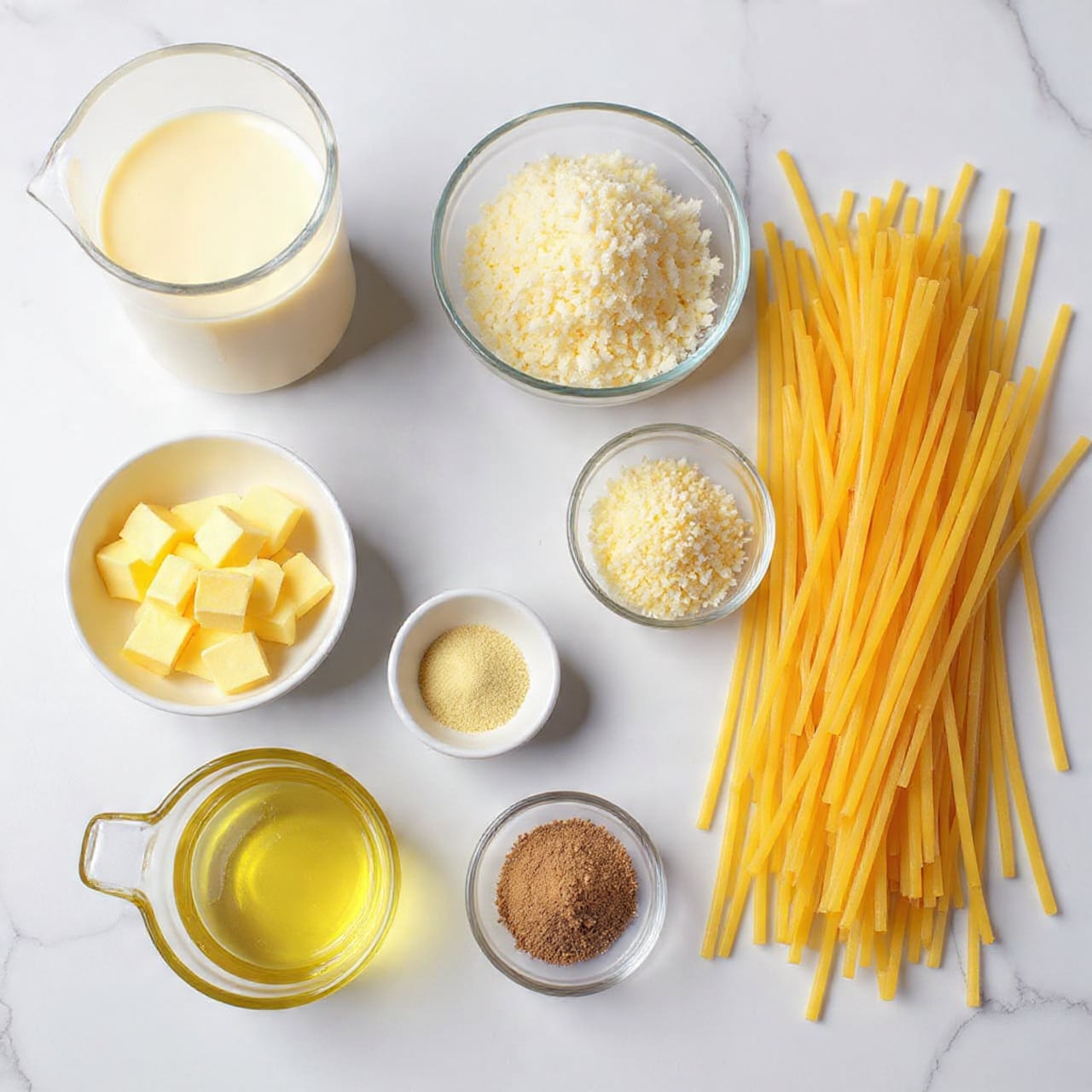The image shows ingredients laid out on a white marbled surface for making pasta. There is a bunch of dry yellow fettuccine noodles on the right side. Near the center, there are two clear glass bowls with shredded white cheese, one with a finer texture and the other with larger pieces. Above these, there is a smaller bowl filled with pale yellow butter cubes. To the left, there is a small bowl with minced garlic and another with a powdery light brown spice. In the bottom left corner, there is a clear measuring cup filled with light yellow oil. At the top left, there is a larger clear measuring cup filled with creamy white liquid. All items are neatly arranged and clearly visible. Photo taken with an iphone --ar 4:5 --v 7