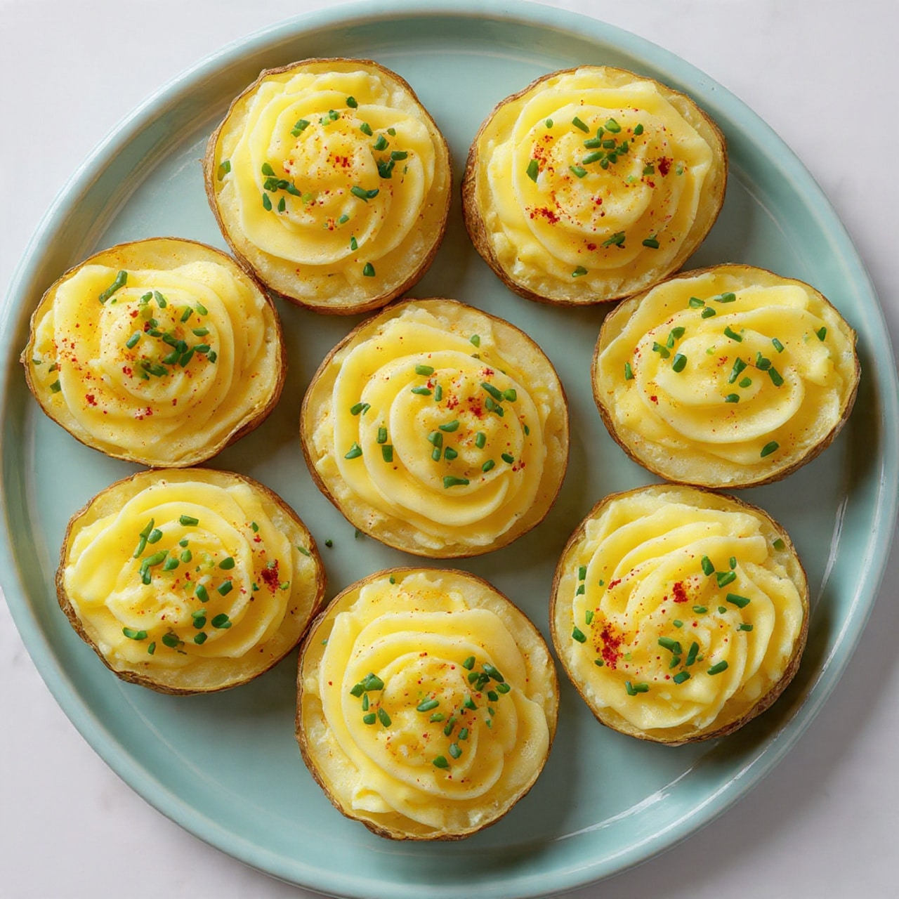 A white speckled oval plate holds ten halved small potatoes with their inner pale yellow flesh facing up. Each half is filled with a creamy, light yellow mashed potato mixture topped with bright green chopped chives and a light sprinkle of reddish-brown paprika powder. The plate sits on a white marbled surface with a blurred wooden board covered with fresh chives in the background. The creamy filling looks soft and slightly textured, sitting neatly inside the potato skins. Photo taken with an iphone --ar 4:5 --v 7